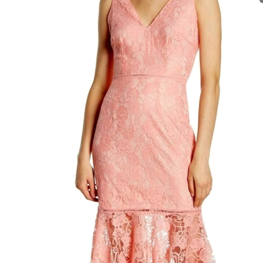 Alexia Admor Womens 14 Peach Pink Kourtney Lace Midi Dress Flounced Flare NWT